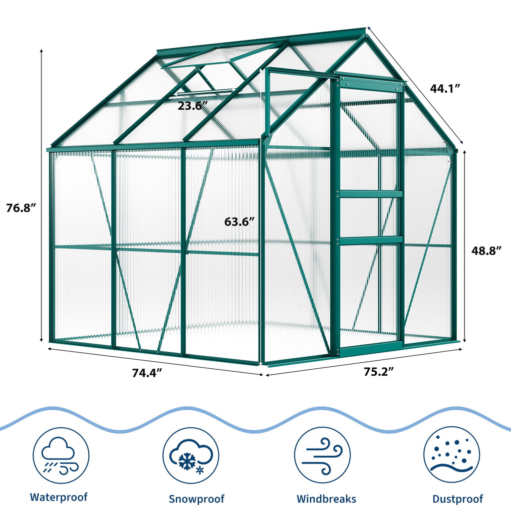 6x6 Ft Walk-In Polycarbonate Greenhouse, Aluminum Frame, Adjustable Roof Vent and Lockable Door