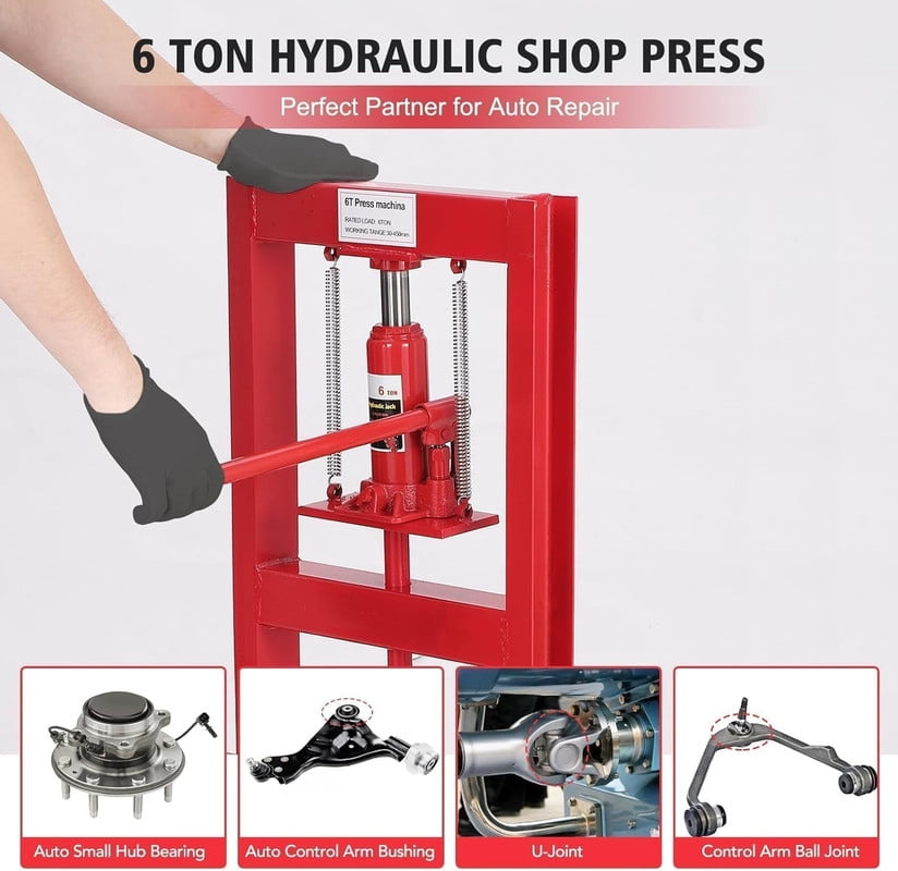 6-Ton Hydraulic Shop Press, Heavy-Duty H-Frame Bench Press, Adjustable Height and Movable Plates, Red