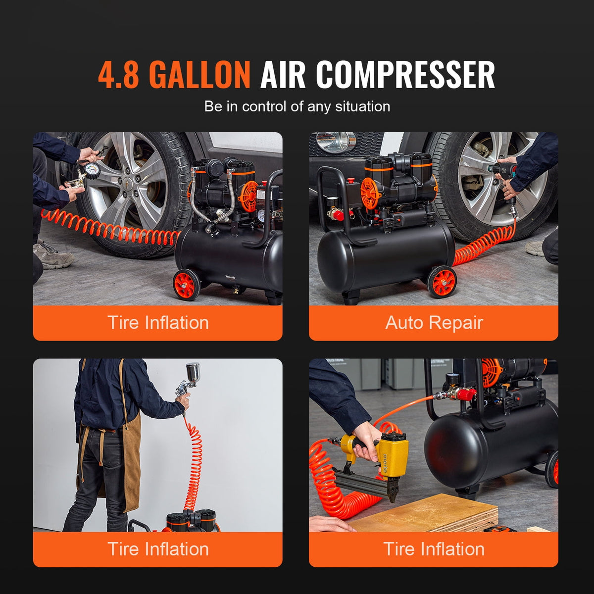 KFFKFF 4.8-Gallon Oil-Free Air Compressor, 1.2 HP, 2.2 CFM at 90 PSI, 116 PSI Max, 70 dB