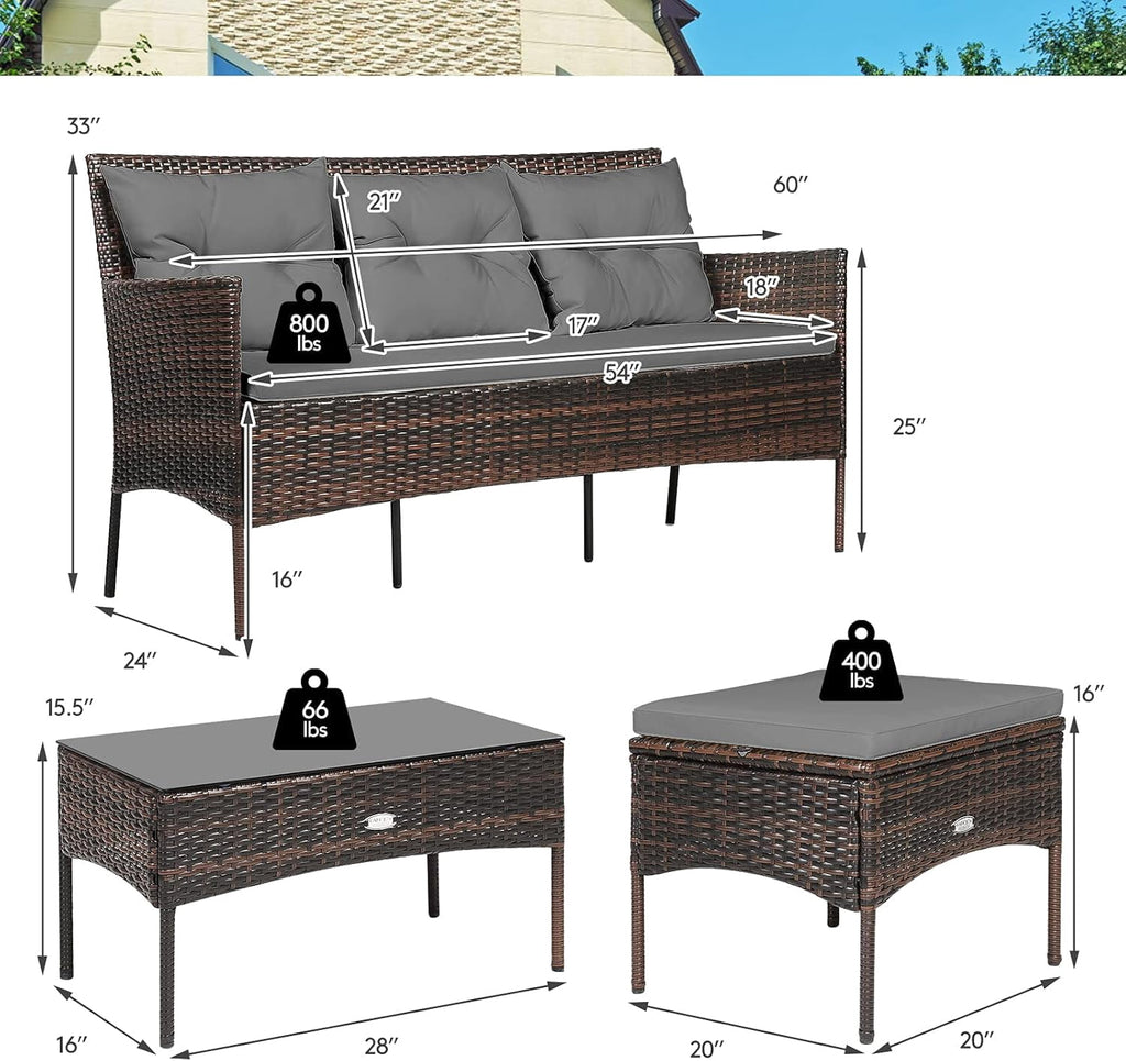 Gymax 3PCS Patio Rattan Sectional Conversation Furniture Set w/ Grey Cushions