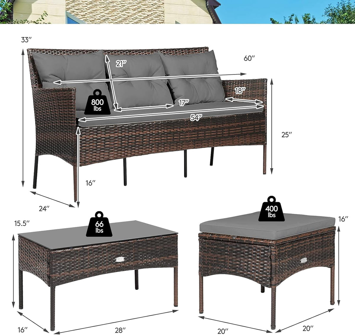 Gymax 3PCS Patio Rattan Sectional Conversation Furniture Set w/ Grey Cushions