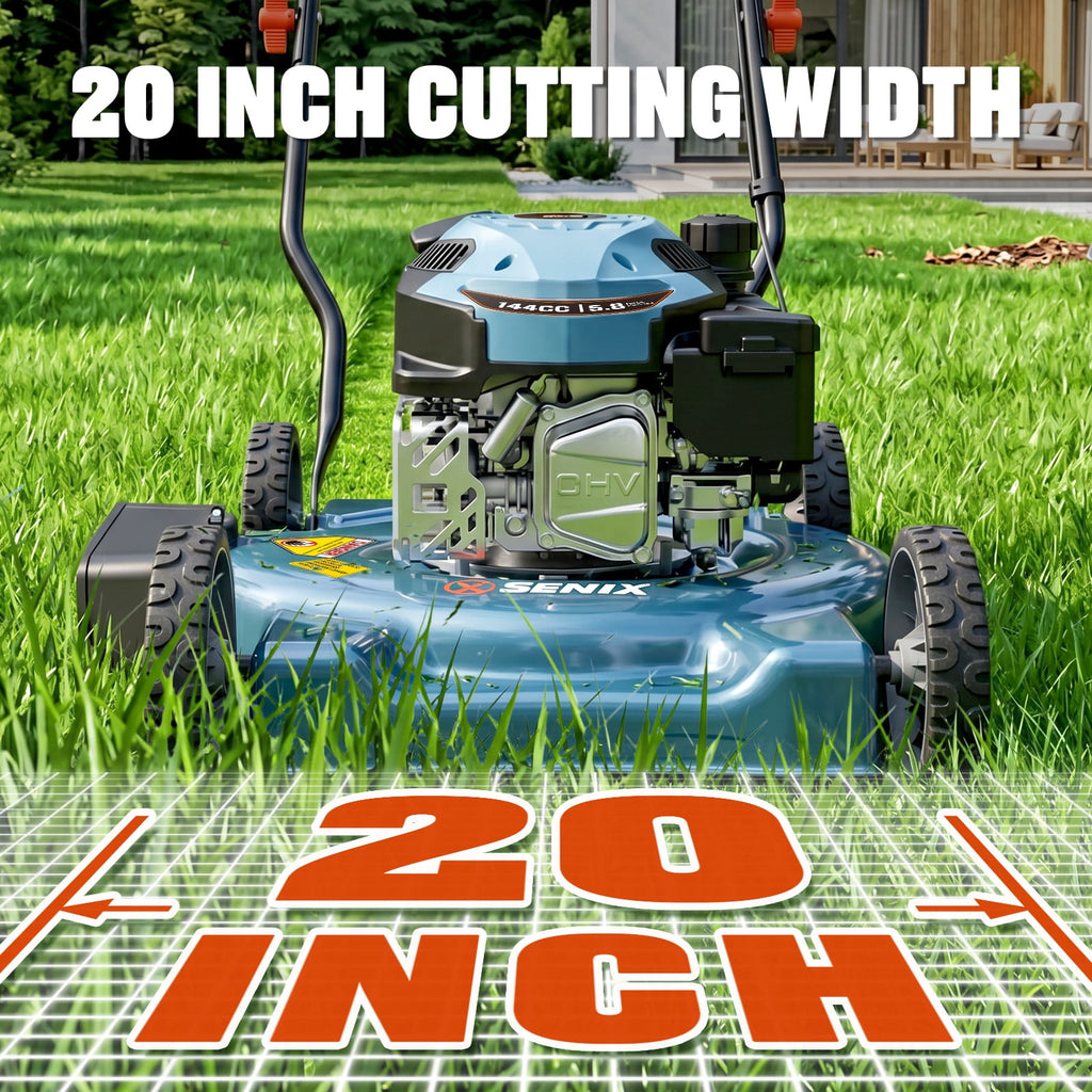 SENIX LSPG-L4 20" 144cc 4-Cycle Gas Powered Push Walk-Behind Lawn Mower, Side Discharge, Steel Deck
