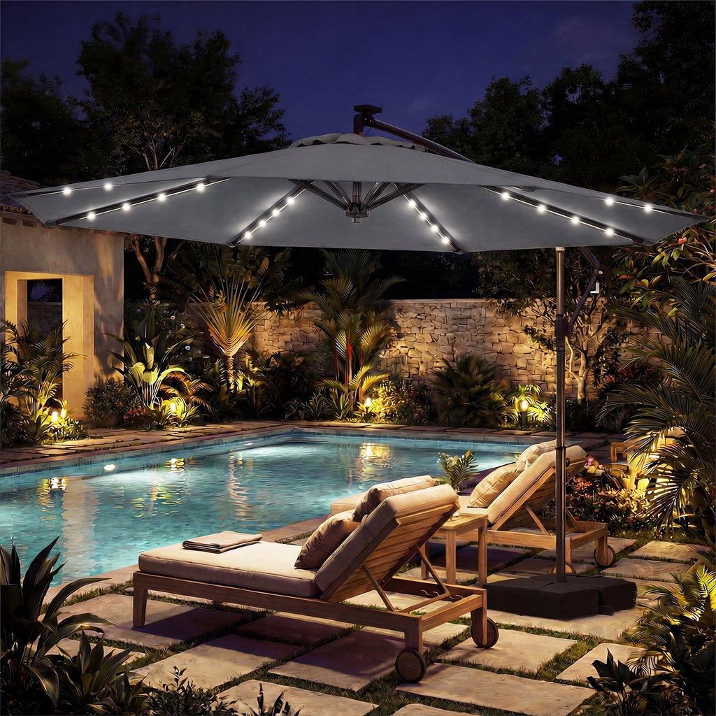 Costway 10 FT Solar Offset Hanging Umbrella Patio Cantilever Umbrella with 32 LED Lights Gray