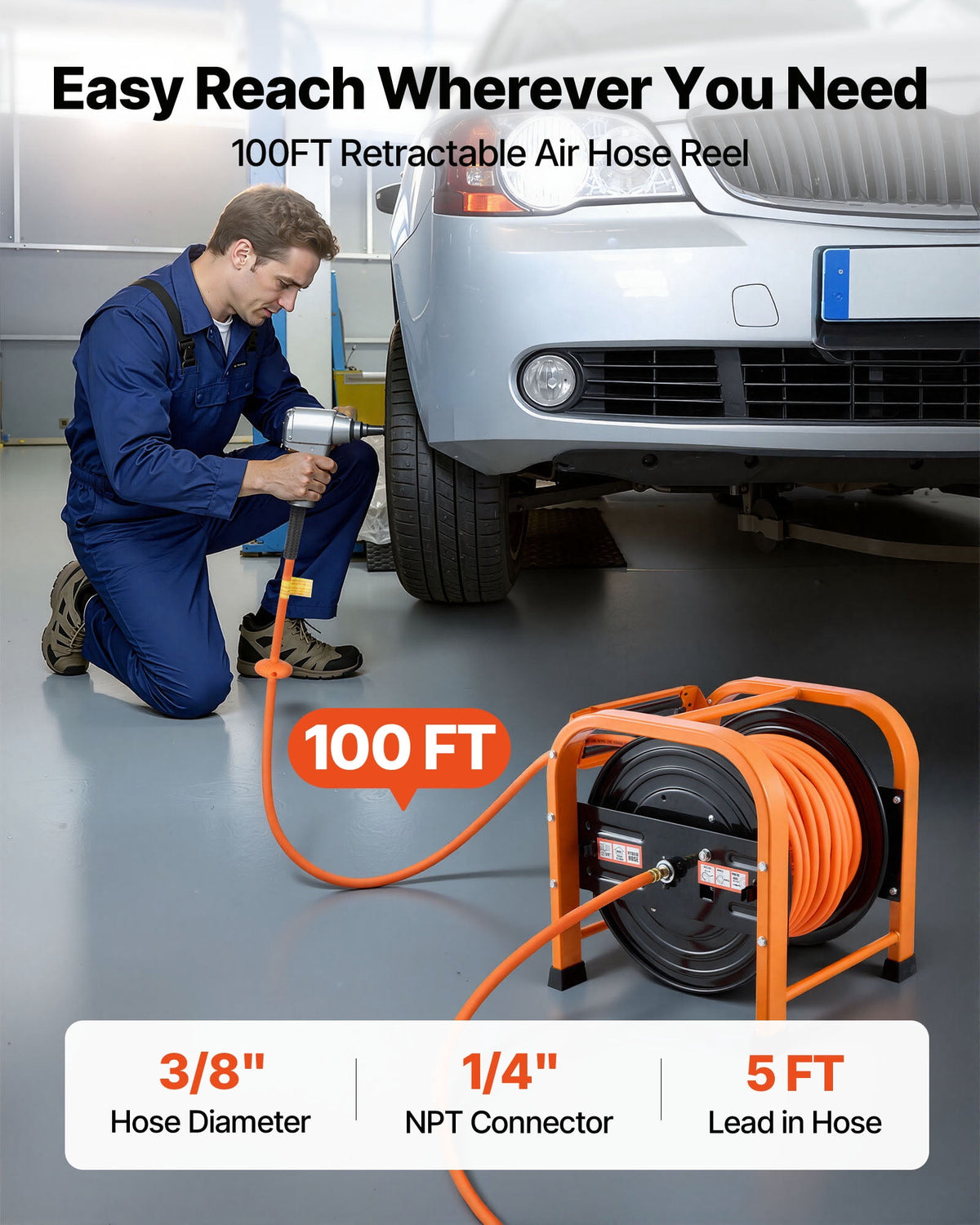 VEVOR Retractable Air Hose Reel, 3/8 Inch x 100 FT PVC Air Hose Max 300PSI, Auto Rewind Air-Compressor Hoses Reel