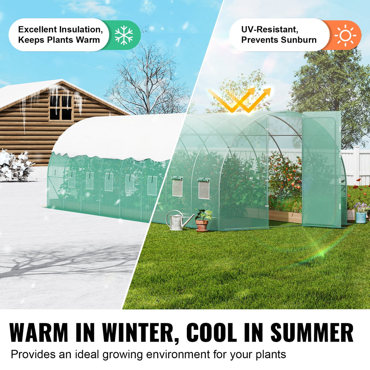 KFFKFF 27.4x9.5x7.4 Ft Tunnel Greenhouse, Galvanized Steel Frame, Green PE Cover, Swing Door and 16 Roll-Up Windows