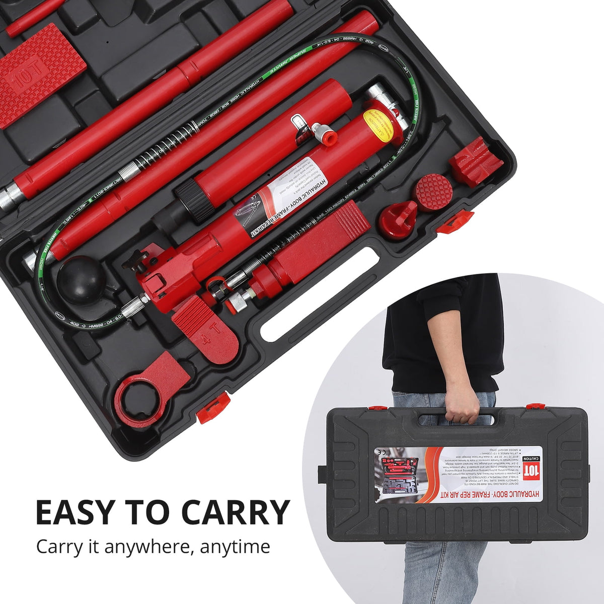 Power Hydraulic Kit with Blow Molded Portable Storage Box, Body Repair Tools for Loader Truck Bed Unloader Farm, 4 10 12 or 20 Ton, Black and Red