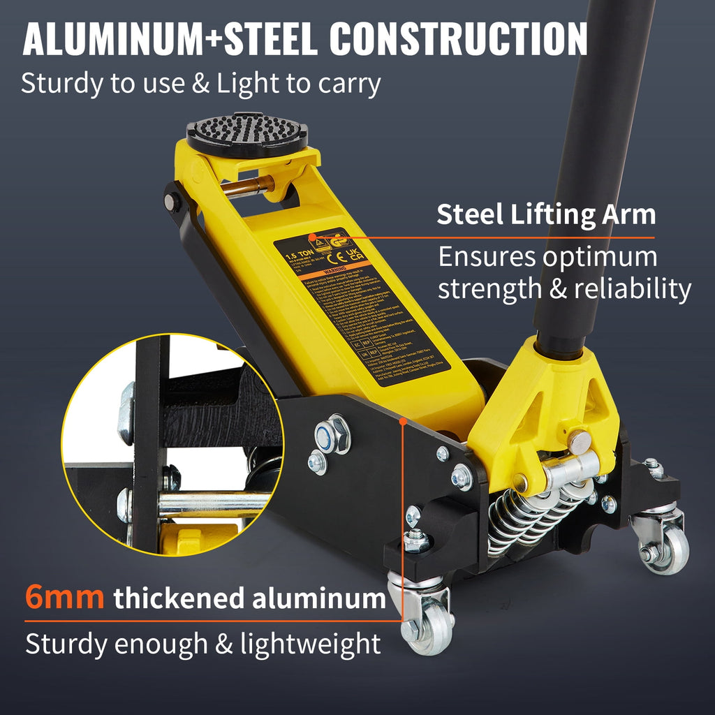 KFFKFF Floor Jack, 1.5 Ton Ground Elevator, Aluminum and Steel Combined Rollers, Twin Pistons Speedy Elevation Pump, Elevation Span 3-3/20"-14-10/27"