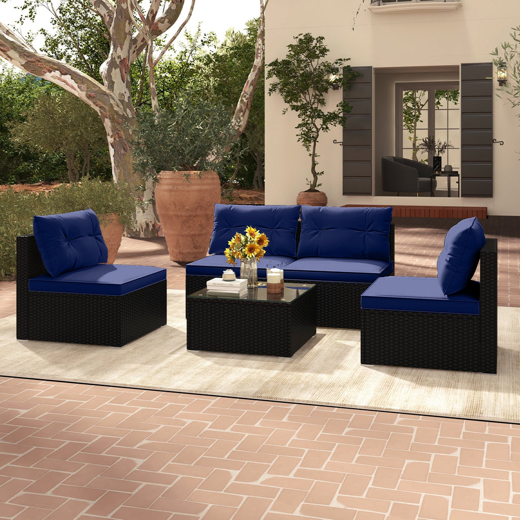 Gymax 5 PCS Patio Furniture Set w/ Seat & Back Cushions Tempered Glass Tabletop Navy