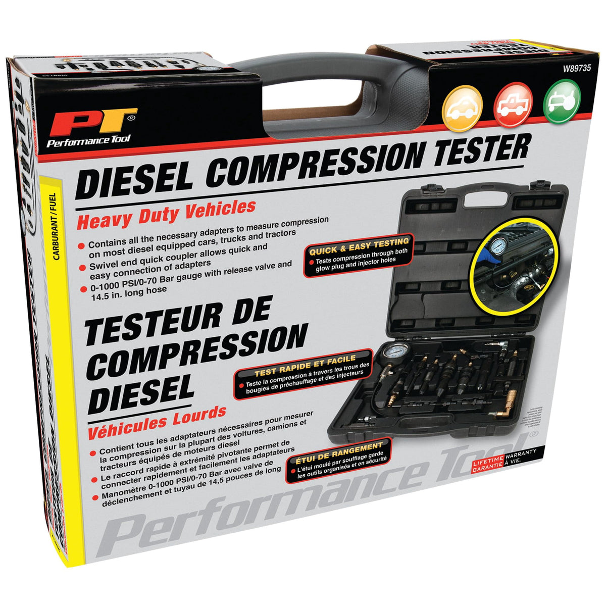 Performance Tool W89735 Diesel Compression Tester Kit for Large Cars Trucks Tractors and Other Heavy-Duty Vehicles in Tough Organizer Case