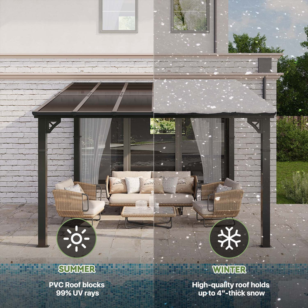 Clouddwell 12'x 10' Wall-Mounted Gazebo Pergola with Aluminum Top Frame & Polycarbonate Panel, Large Heavy-Duty Awnings for Backyard Black