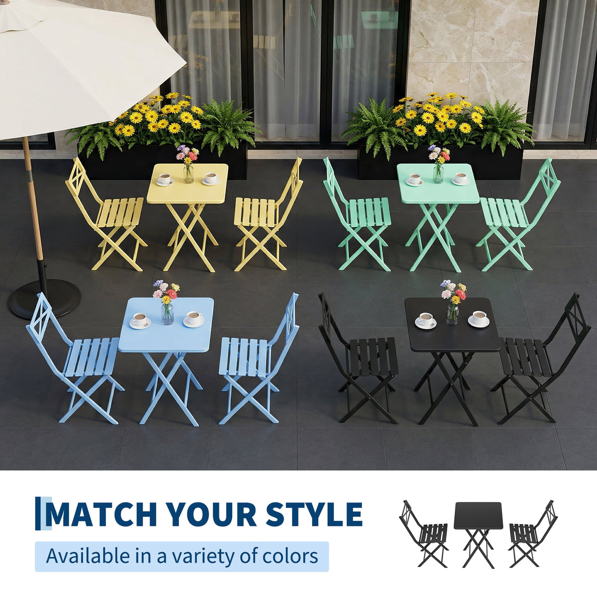 GloryStar Folding Outdoor Bistro Set, Table and 2 Chairs, Heavy-Duty Weather-Resistant Steel Patio Furniture