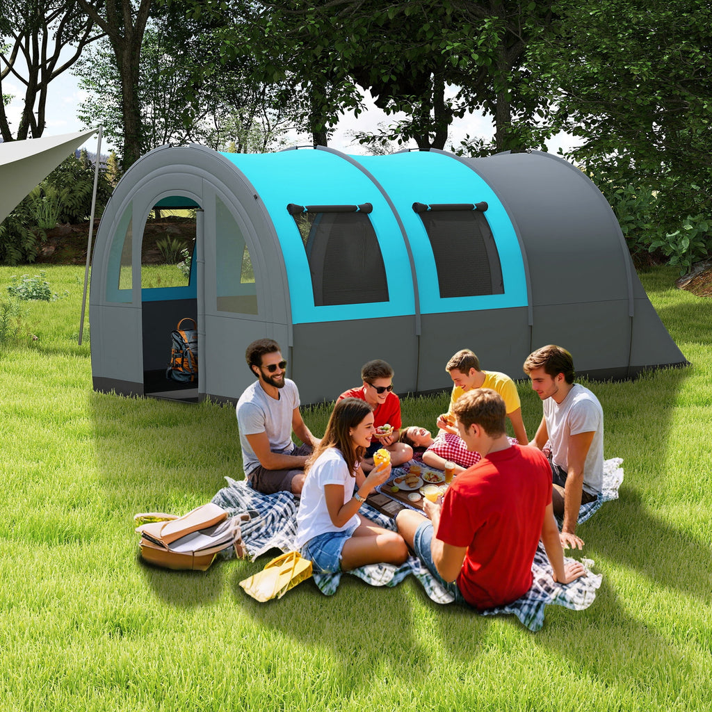 Outsunny 5-6 Person Camping Tent, Waterproof Tunnel Family Tent, Grey/Blue