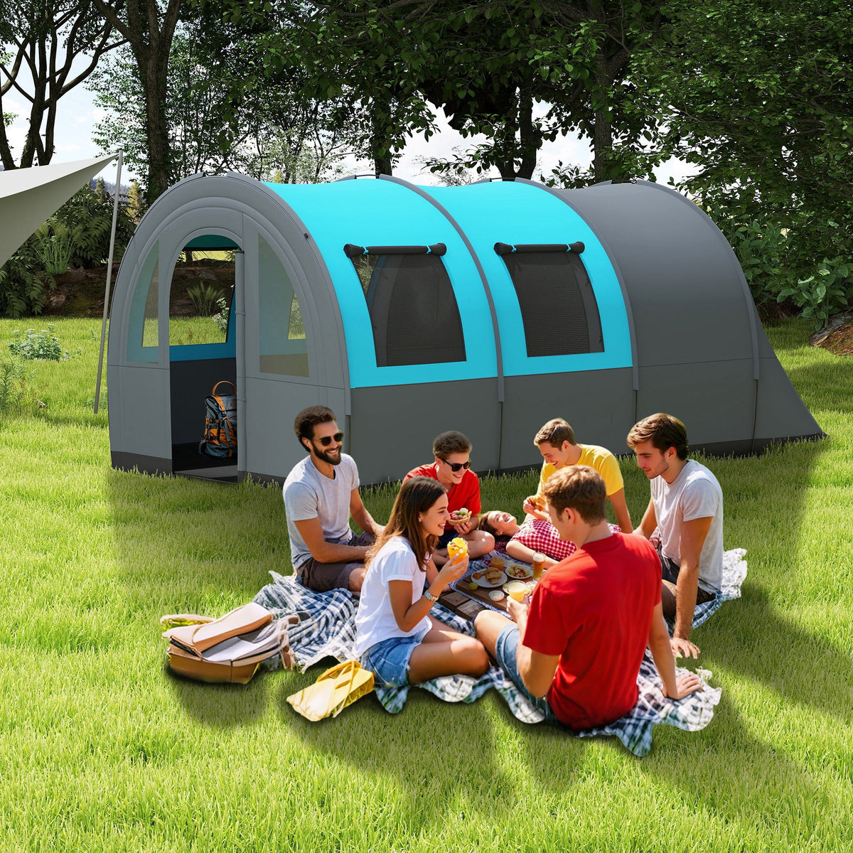 Outsunny 5-6 Person Camping Tent, Waterproof Tunnel Family Tent, Grey/Blue