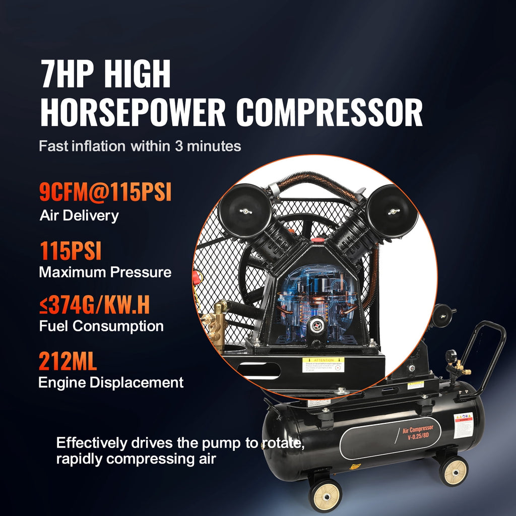 KFFKFF 7HP Gas Powered Air Compressor, 21 Gallon Horizontal Air Compressor Tank, 9CFM@115PSI Gas Driven Piston Pump Air Compressed System