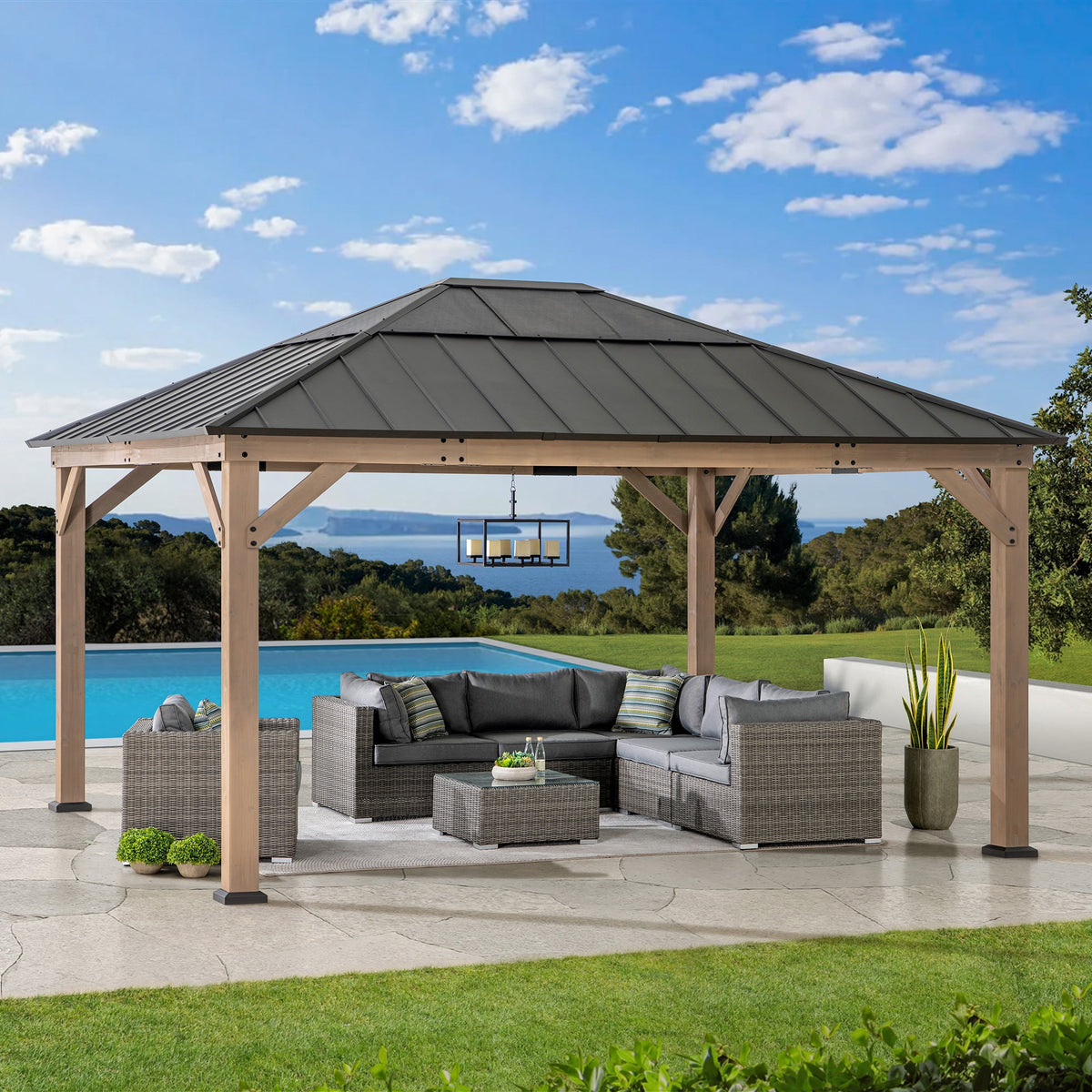 Sunjoy 13 ft. x 15 ft. Cedar Framed Gazebo with Brown Steel and Polycarbonate Hip Roof Hardtop