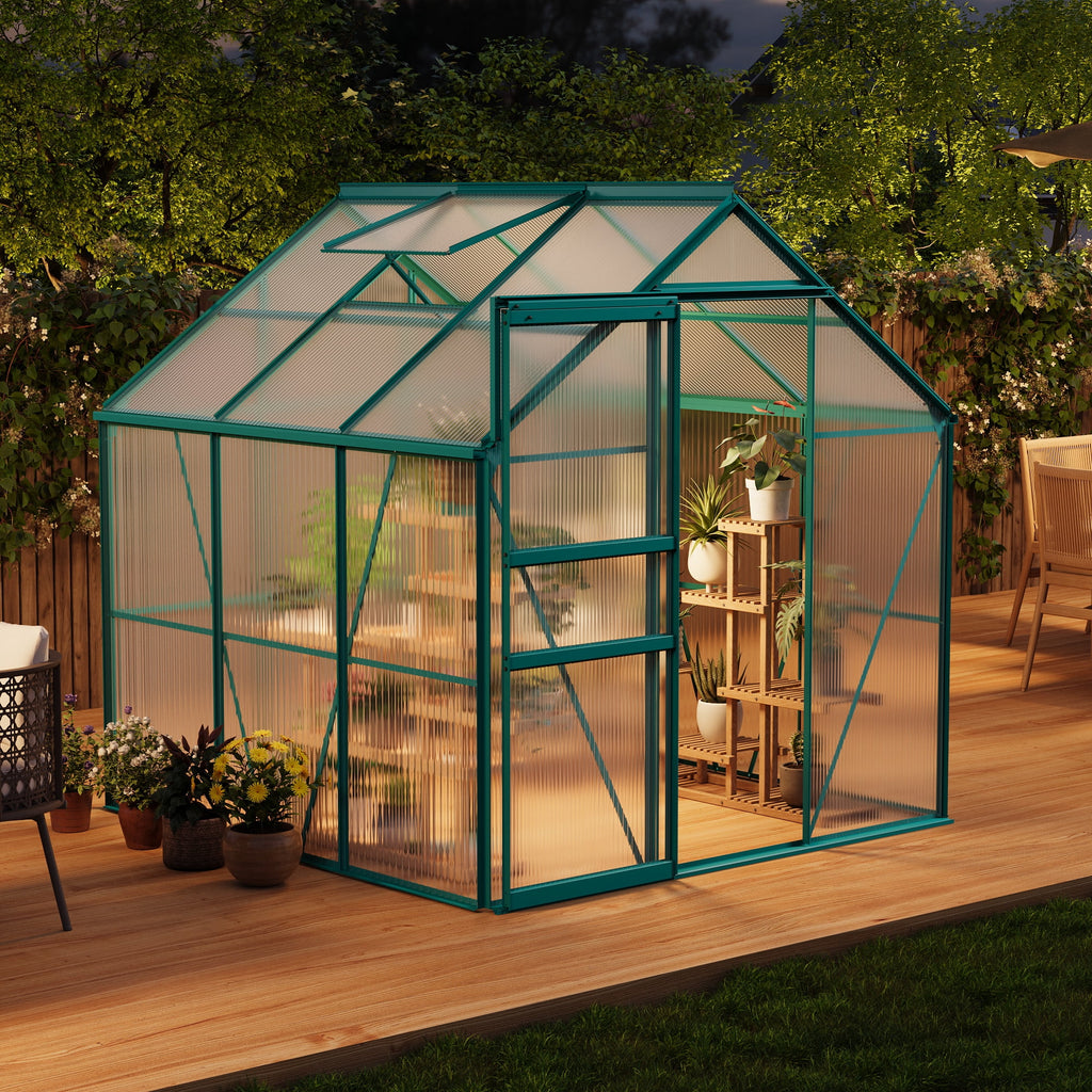 6x6 Ft Walk-In Polycarbonate Greenhouse, Aluminum Frame, Adjustable Roof Vent and Lockable Door