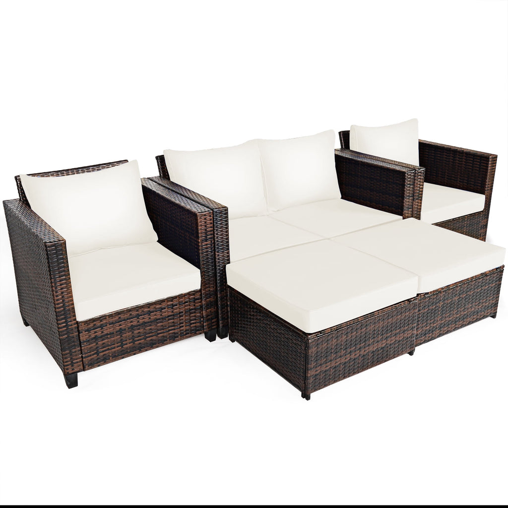 Patiojoy 5 Pieces Patio Furniture Set Sectional Wicker Sofa Conversation Set with Removable Cushions White