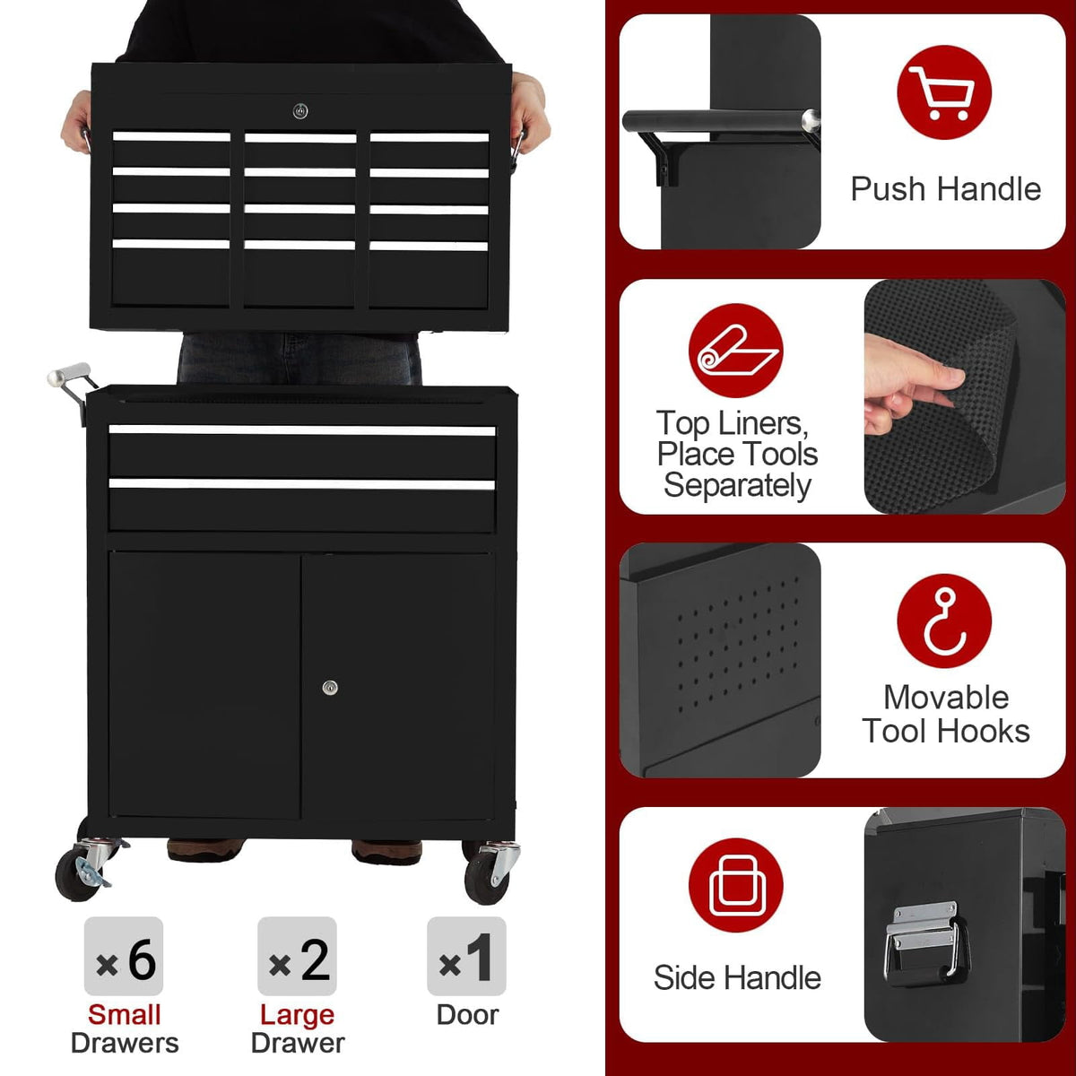 Yiwa 8-Drawer Tool Chest, Tool Box Organizer w/Lockable Wheels & Detachable Top & Adjustable Shelf, Toolbox for Workshop Garage