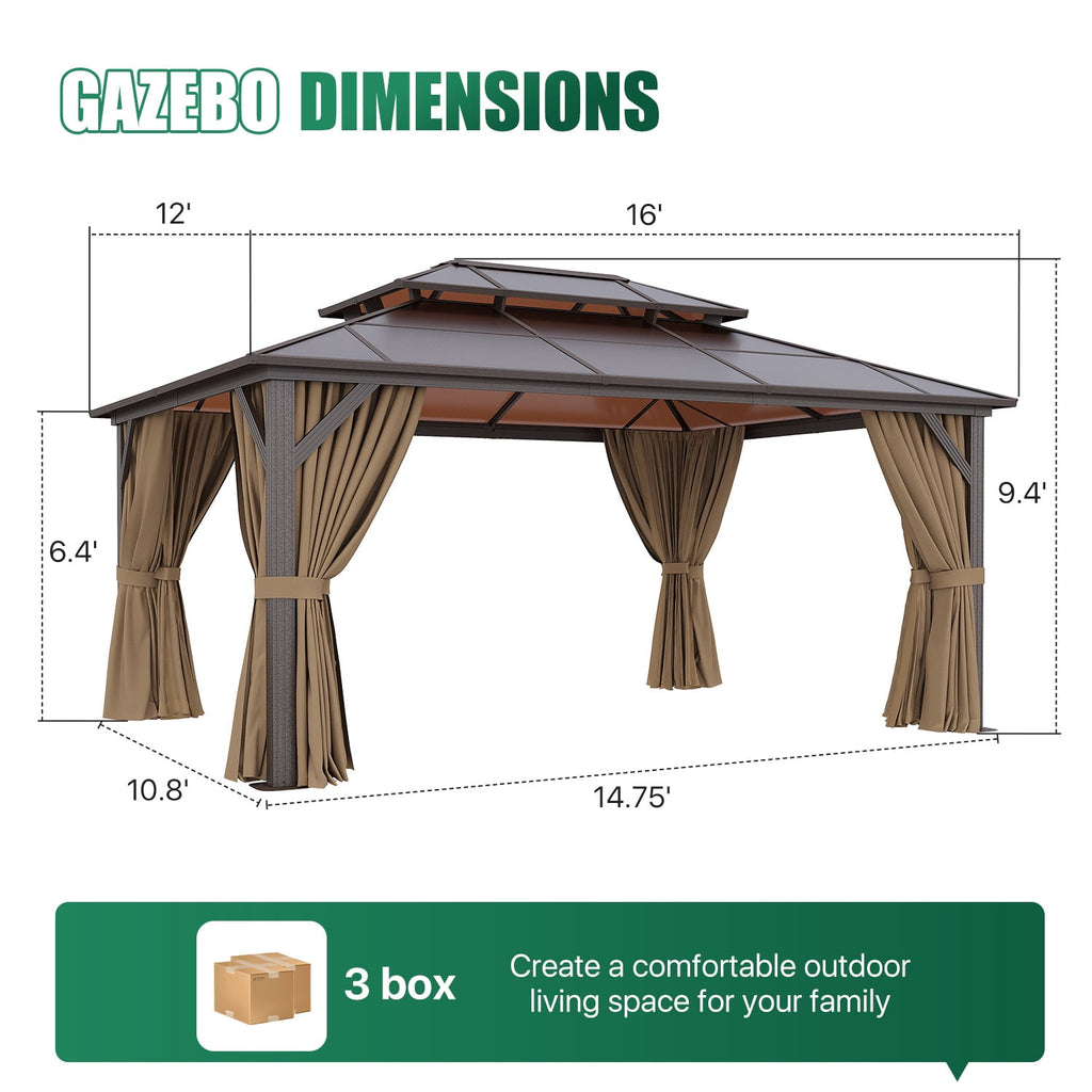 Clouddwell 12'x16' Hardtop Gazebo - Polycarbonate Double Roof with Netting & Curtains for Patio, Garden Sun Protection,Browm