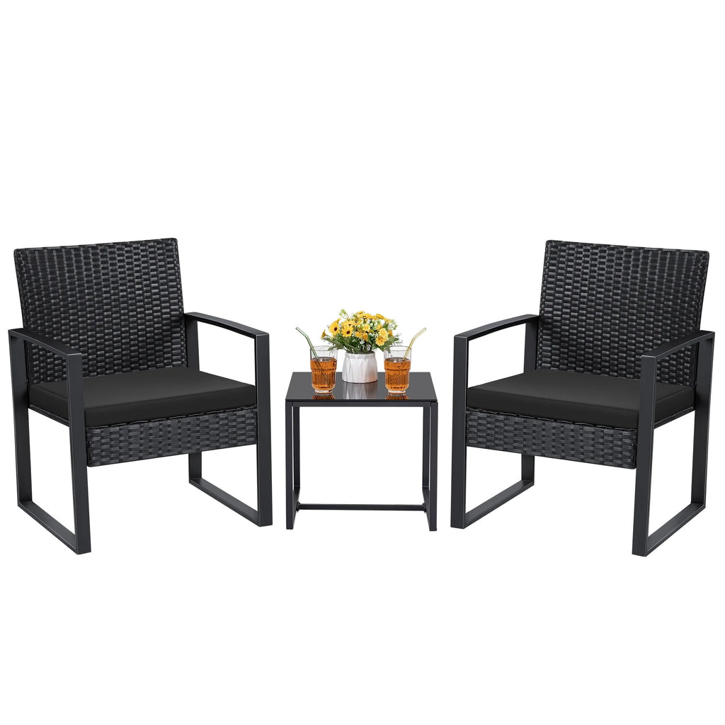 Homall 3 Pieces Outdoor Bistro Chair Set PE Rattan Patio Conversation Set of 2 with Cushion and Coffee Table, Black