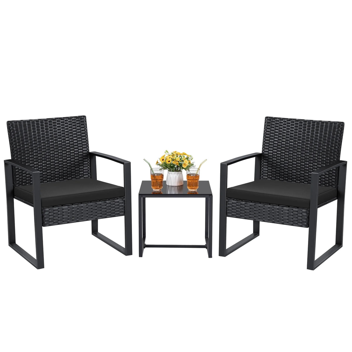 Homall 3 Pieces Outdoor Bistro Chair Set PE Rattan Patio Conversation Set of 2 with Cushion and Coffee Table, Black