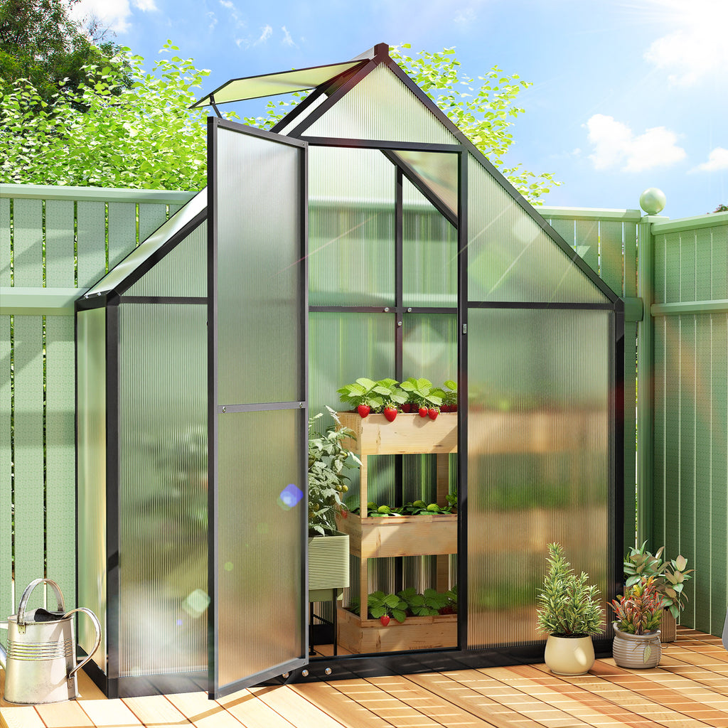 Outsunny Polycarbonate Greenhouse Walk-in Greenhouse with Swing Door, Black