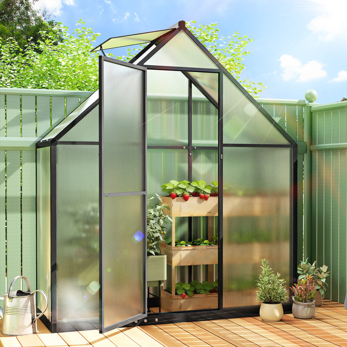 Outsunny Polycarbonate Greenhouse Walk-in Greenhouse with Swing Door, Black