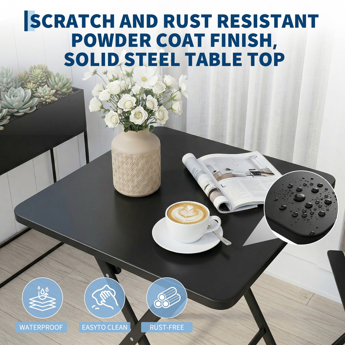 GloryStar Folding Outdoor Bistro Set, Table and 2 Chairs, Heavy-Duty Weather-Resistant Steel Patio Furniture