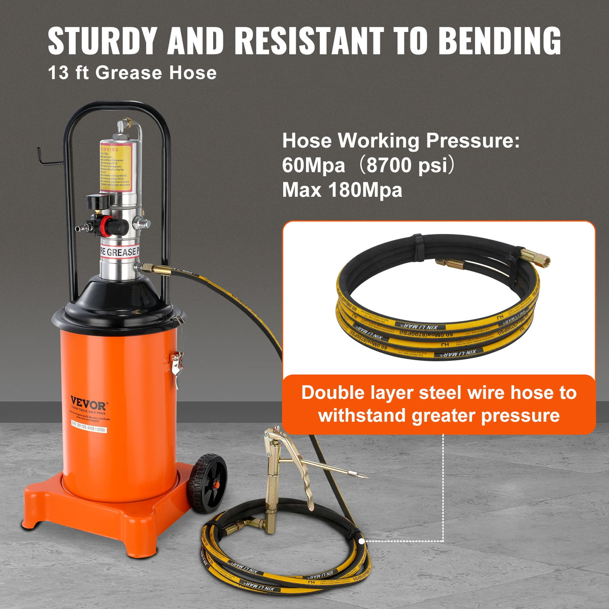 VEVOR 3-Gallon/12L Air-Operated Grease Pump, 50:1 Pressure Ratio, 13 ft Hose, Grease Gun and Wheels