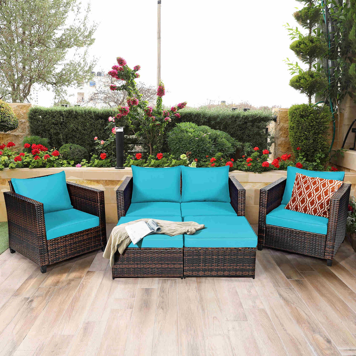Costway 5PCS Patio Rattan Furniture Set Loveseat Sofa Ottoman Cushion Turquoise