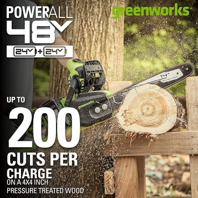 Greenworks 2 x 24V (48V) 14" Cordless Brushless Electric Chainsaw, (2) 4.0 Ah USB Batteries and Dual-Port Charger Included [125+ Compatible Tools]