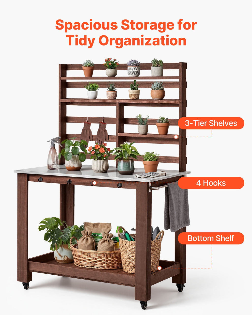 VEVOR Potting Bench, 45x26 Inch Stainless Steel Top, Storage Shelves, Hooks and 4 Casters, Brown