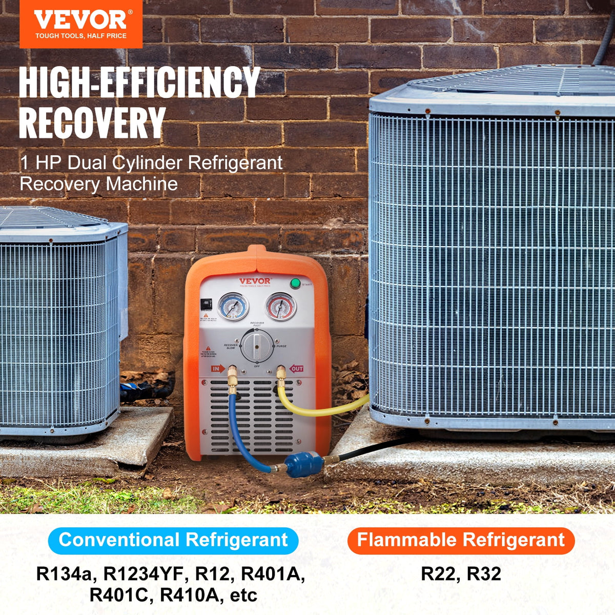 VEVOR 1 HP Dual-Cylinder Refrigerant Recovery Machine, 120V 60Hz, High-Pressure Protection for AC and HVAC