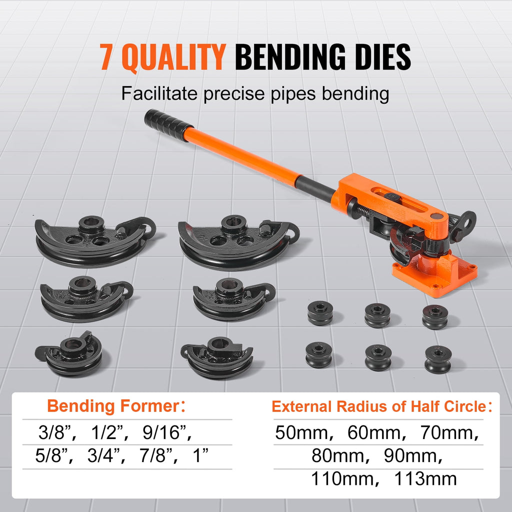 VEVOR Manual Pipe Bender, 3/8-1 Inch OD, 7 Dies, 180-Degree Bending for Copper and Aluminum Pipes