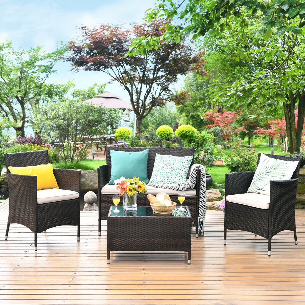Costway 8PCS Rattan Patio Furniture Set Cushioned Sofa Chair Coffee Table Garden