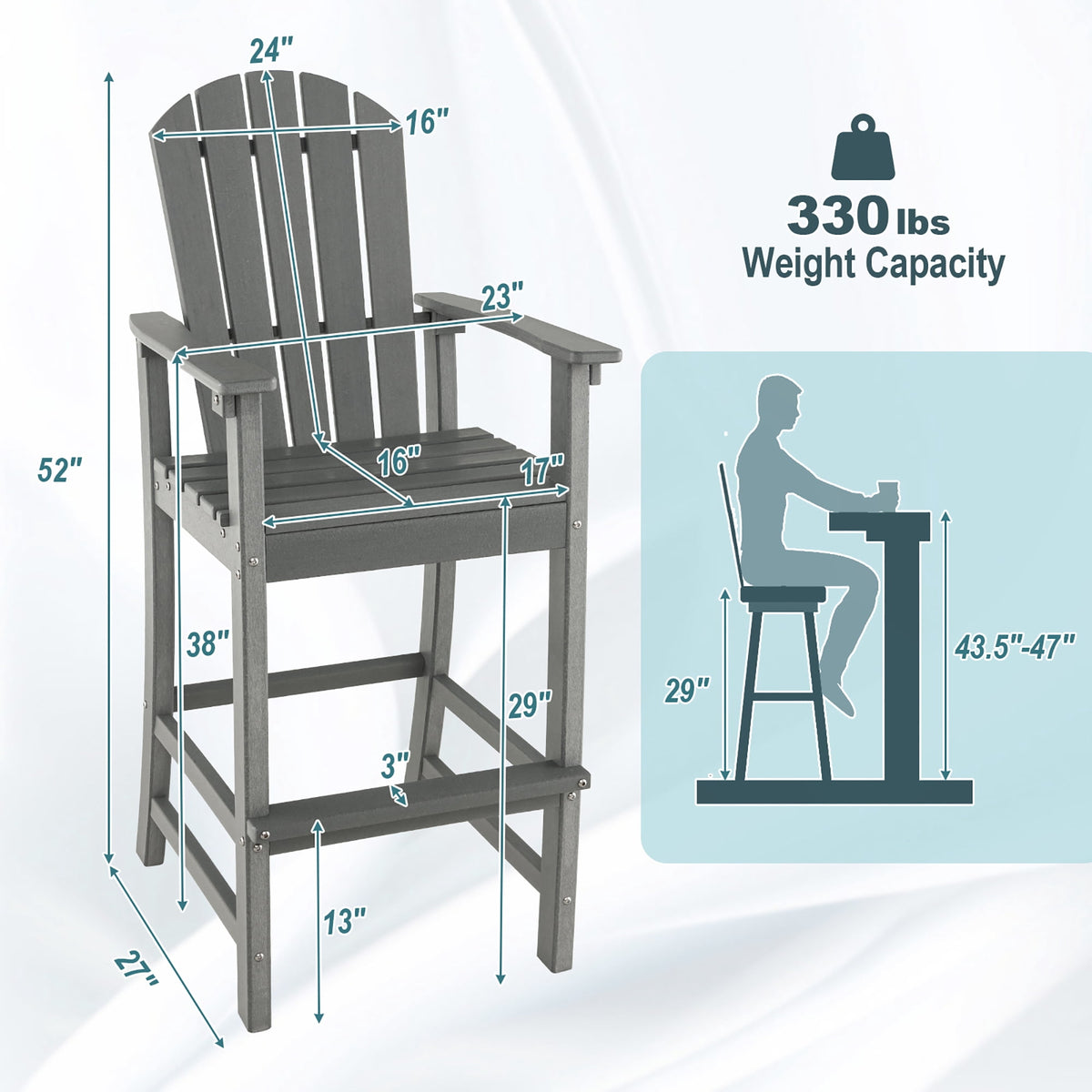 Costway Outdoor HDPE Bar Height Stool Patio Tall Chair Armrest Footrest All Weather Grey