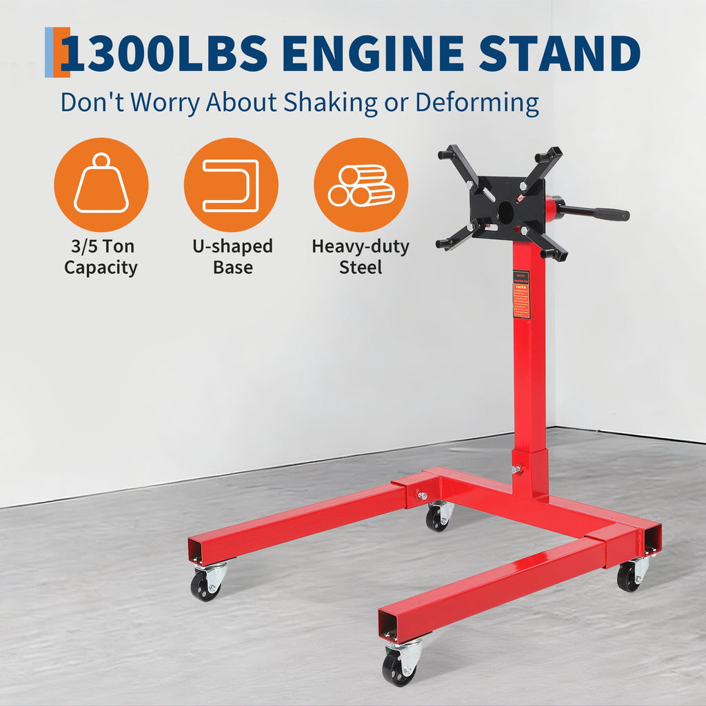 Engine Stand with 360° Rotating Head, Heavy Duty Steel Motor Stand with 4 Adjustable Arms and Casters, for Vehicle Maintenance and Auto Repair, Red