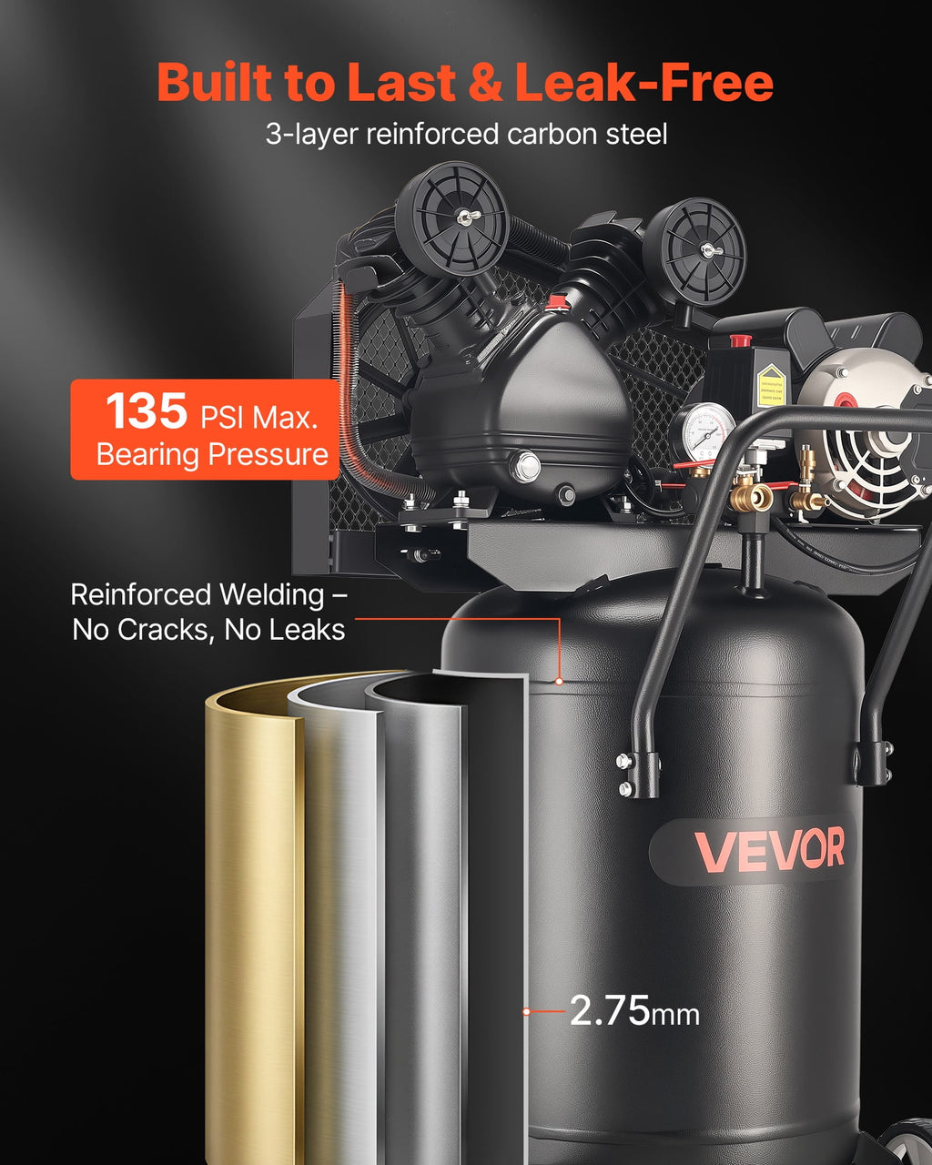 VEVOR 20-Gallon Air Compressor, 2HP 6.5SCFM at 90PSI, Max 135PSI Pressure Oil-Lubricated Air Compressor Tank, Portable on Wheels for Auto Repair