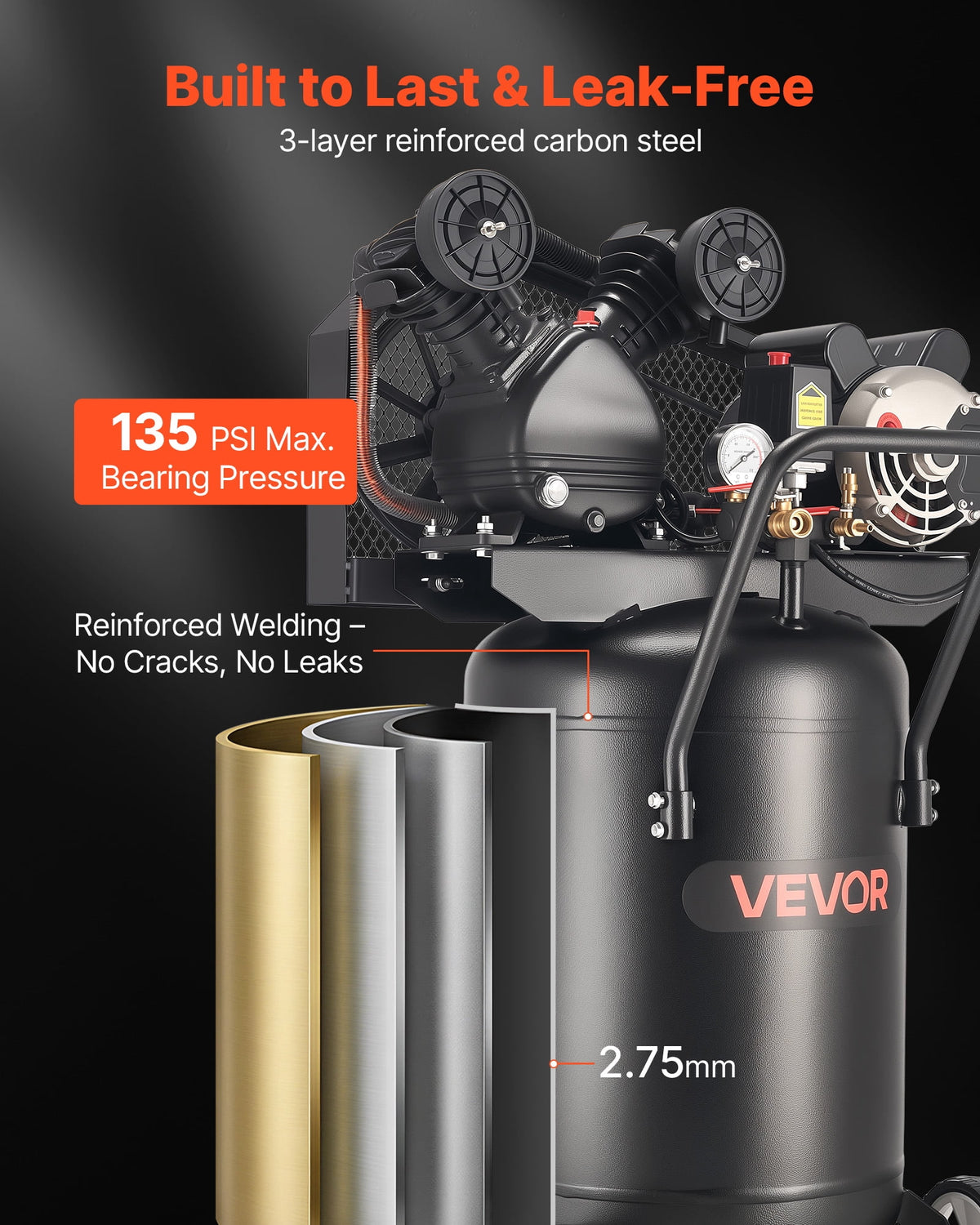 VEVOR 20-Gallon Air Compressor, 2HP 6.5SCFM at 90PSI, Max 135PSI Pressure Oil-Lubricated Air Compressor Tank, Portable on Wheels for Auto Repair