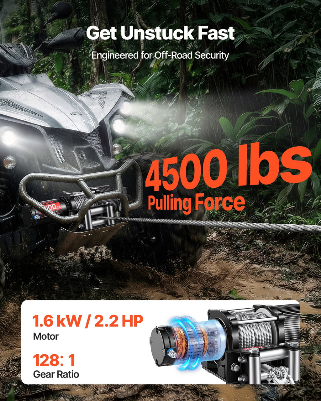VEVOR 4500 lb 12V ATV/UTV Electric Winch, 0.24 Inch x 39.4 ft Steel Rope, Wired/Wireless Controls, IP54