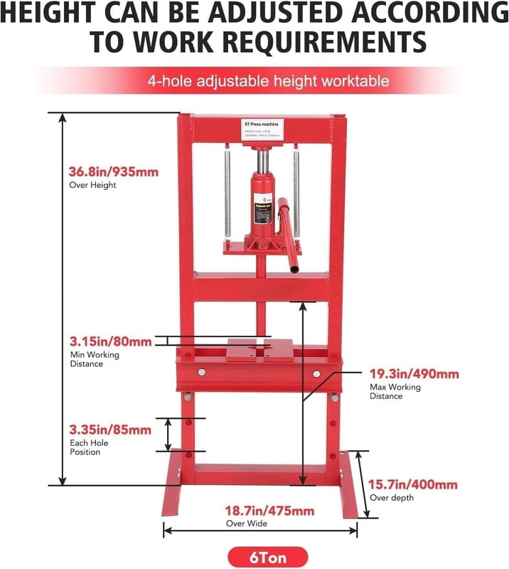 6-Ton Hydraulic Shop Press, Heavy-Duty H-Frame Bench Press, Adjustable Height and Movable Plates, Red
