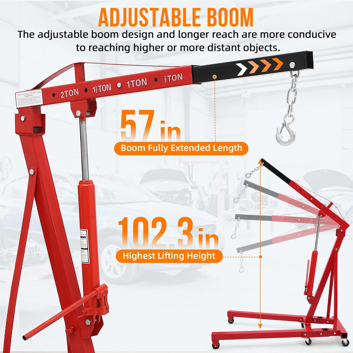 AKDSteel 2-Ton/4400 lb Folding Engine Hoist, Cherry Picker with 4 Adjustable Positions and Wheels
