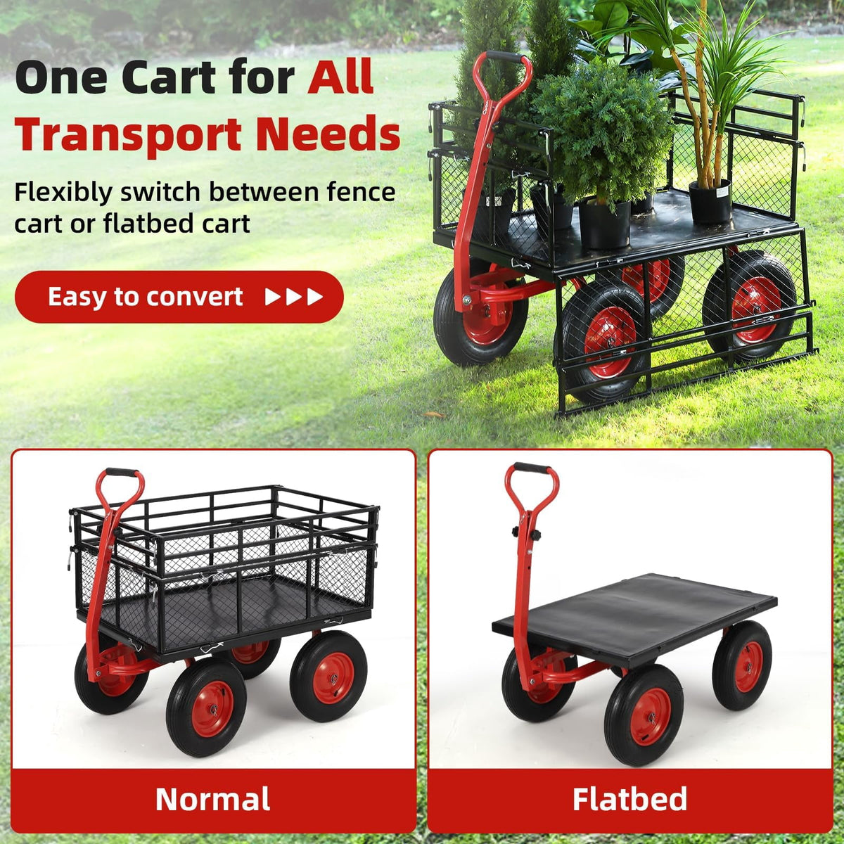 GloryStar Steel Garden Dump Cart, Removable Side Panels, 16-Inch All-Terrain Wheels and Adjustable Handle