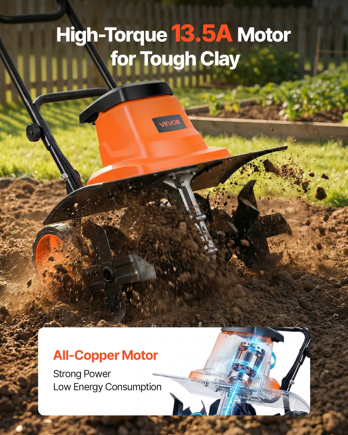 VEVOR 13.5-Amp Corded Electric Garden Tiller, 18-Inch Tilling Width, Steel Tines and Foldable Handle