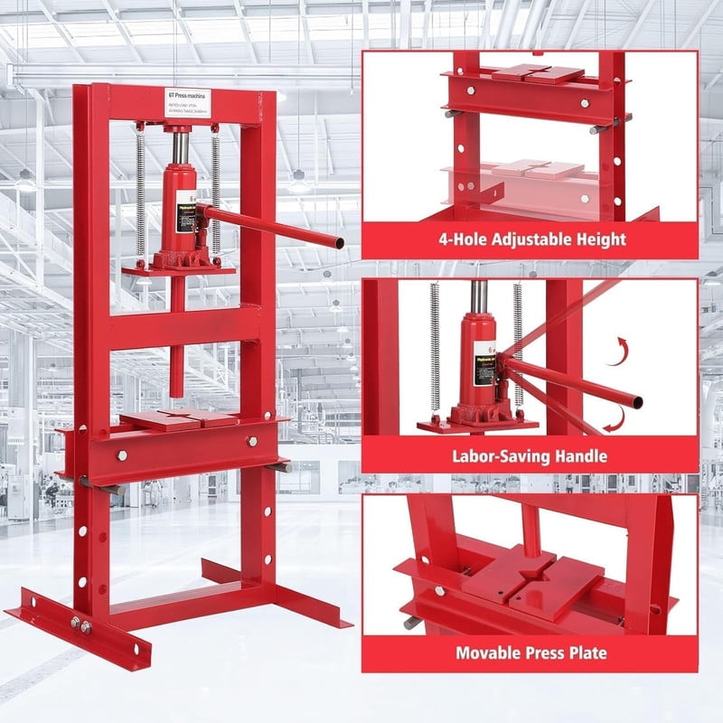 6-Ton Hydraulic Shop Press, Heavy-Duty H-Frame Bench Press, Adjustable Height and Movable Plates, Red