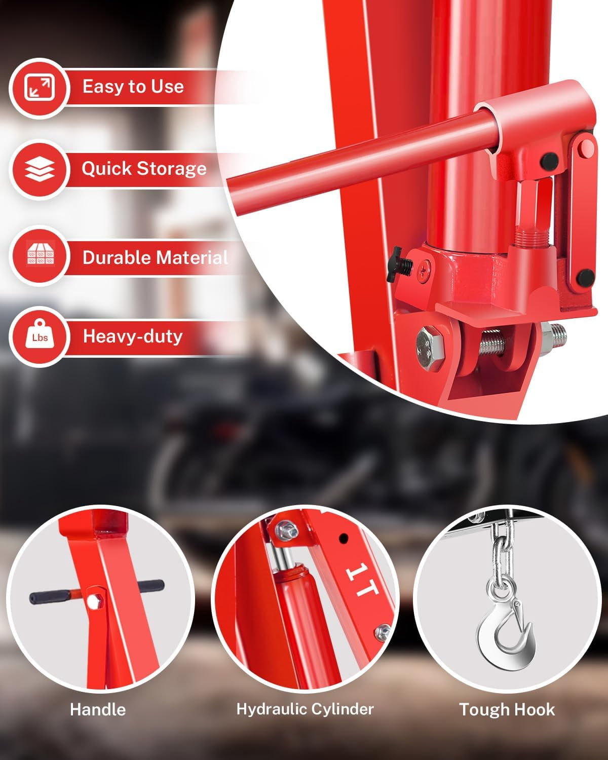 GloryStar Heavy Duty 2 Ton Engine Hoist, Hydraulic Folding Shop Crane with 6 Swivel Casters and Telescoping Boom, 4400 lbs Capacity