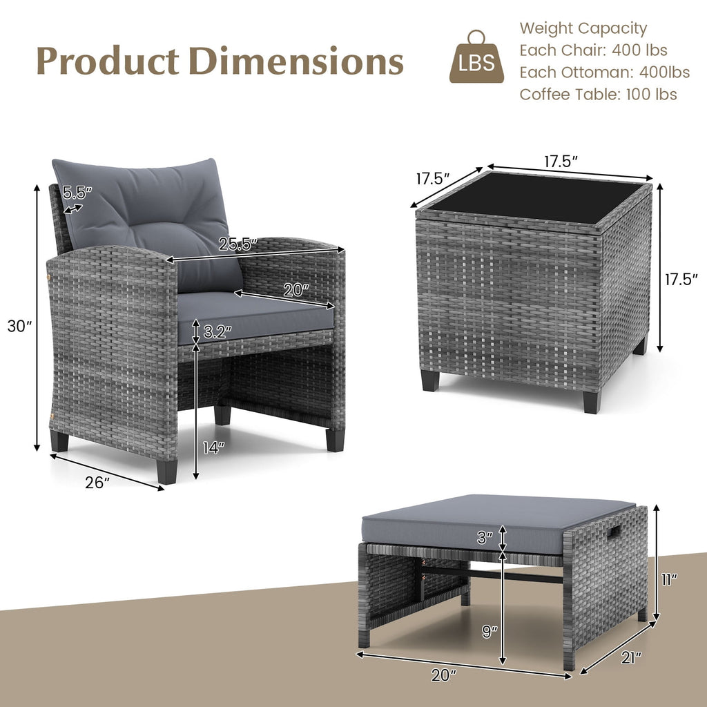 Costway 5 Piece Patio Rattan Furniture with 2 Ottomans & Tempered Glass Coffee Table Grey