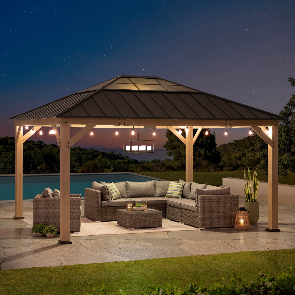 Sunjoy 13 ft. x 15 ft. Cedar Framed Gazebo with Brown Steel and Polycarbonate Hip Roof Hardtop