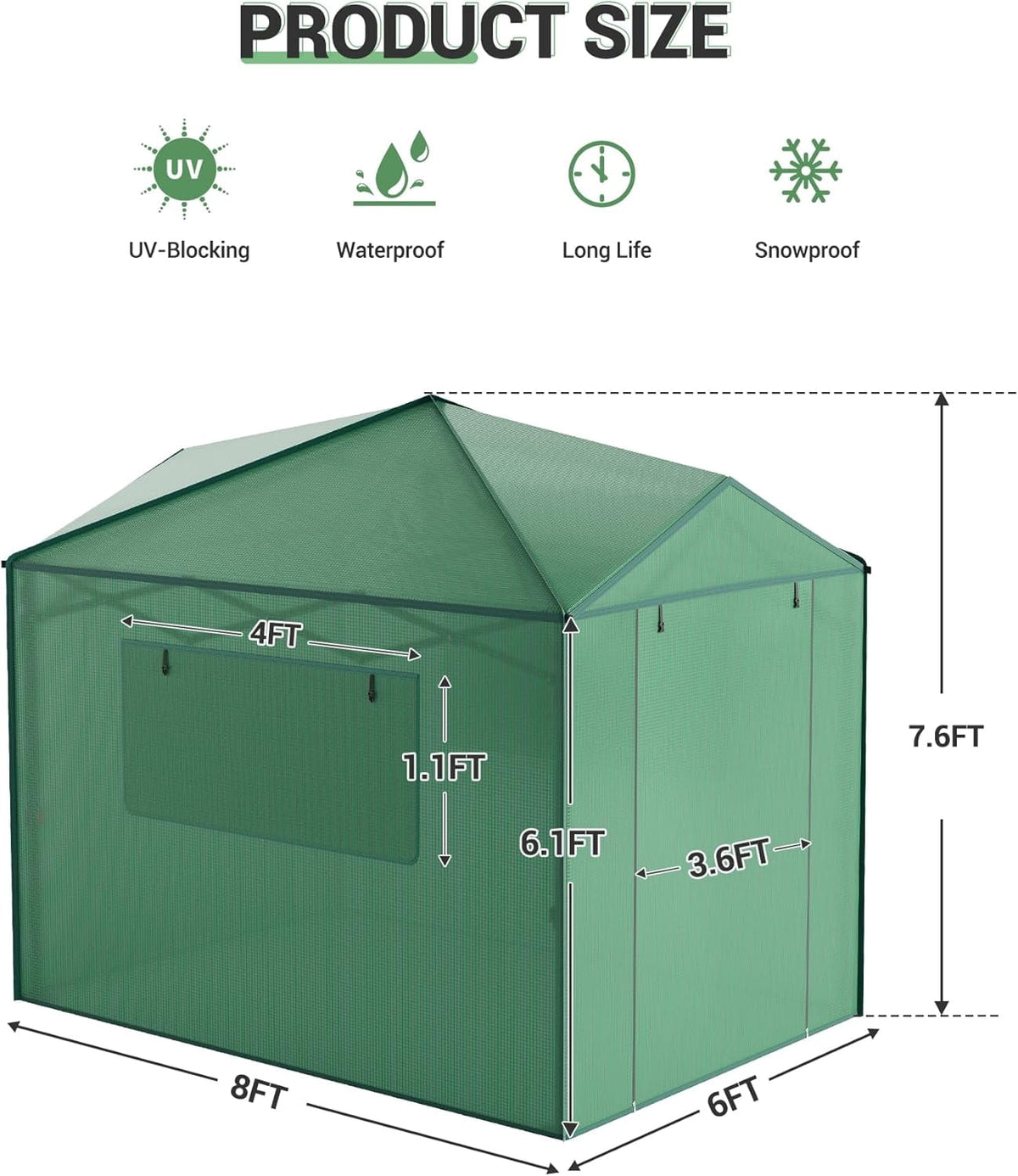 Garvee Pop up Walk-in Greenhouse, 8'x6', for Garden Patio Backyard, Green