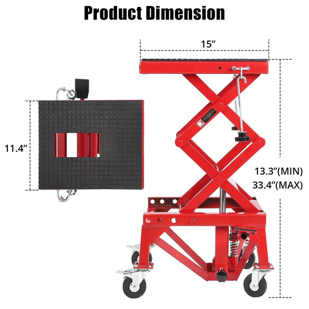 BeesClover 350 lb Hydraulic Motorcycle Scissor Lift Table, Wide Deck, J-Hooks, 4 Wheels and Foot Pedal